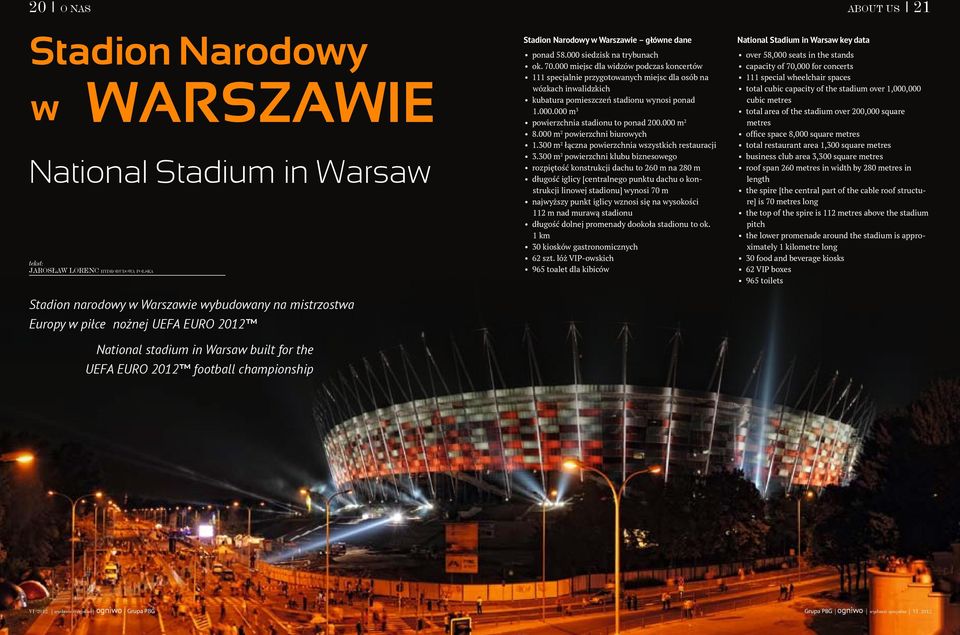 000 miejsc dla widzów podczas koncertów 111 specjalnie przygotowanych miejsc dla osób na wózkach inwalidzkich kubatura pomieszczeń stadionu wynosi ponad 1.000.000 m 3 powierzchnia stadionu to ponad 200.