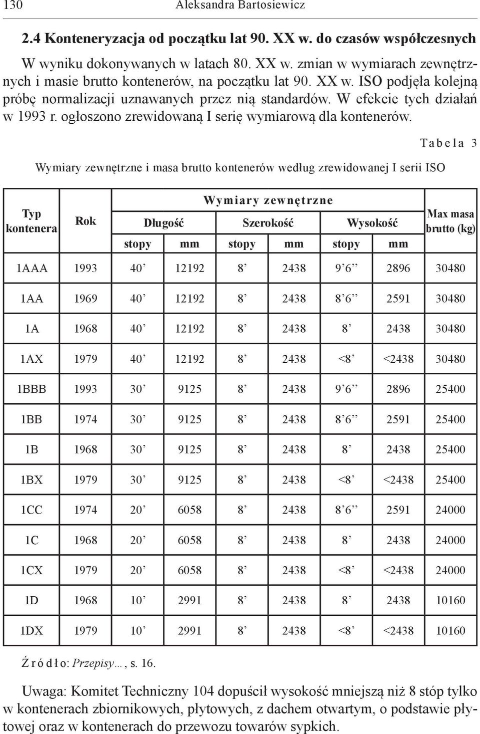 Wymiary zewnętrzne i masa brutto kontenerów według zrewidowanej I serii ISO Tabela 3 Typ kontenera Rok Wymiary zewnętrzne Długość Szerokość Wysokość stopy mm stopy mm stopy mm Max masa brutto (kg)