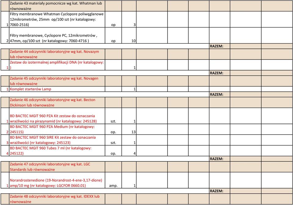 katalogowy: 7060-4716 ) op 10 Zadanie 44 odczynniki laboratoryjne wg kat. Novazym lub Zestaw do izotermalnej amplifikacji DNA (nr katalogowy: 1 ) 1 Zadanie 45 odczynniki laboratoryjne wg kat.