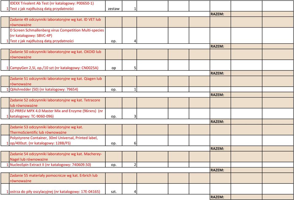 OXOID lub 1 CampyGen 2,5l, op./10 szt (nr katalogowy: CN0025A) op 5 Zadanie 51 odczynniki laboratoryjne wg kat. Qiagen lub 1 QIAshredder (50) (nr katalogowy: 79654) op.