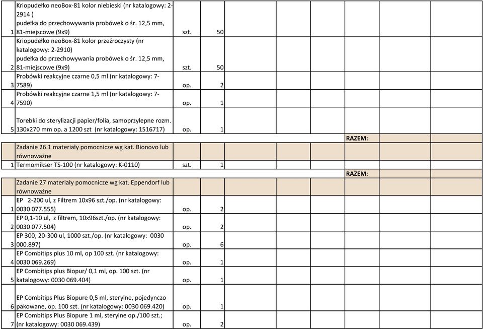 50 Probówki reakcyjne czarne 0,5 ml (nr katalogowy: 7-3 7589) op. 2 Probówki reakcyjne czarne 1,5 ml (nr katalogowy: 7-4 7590) op. 1 5 Torebki do sterylizacji papier/folia, samoprzylepne rozm.