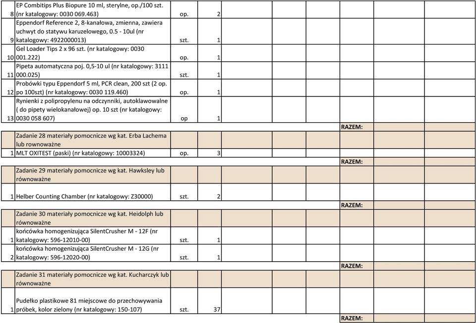 1 Probówki typu Eppendorf 5 ml, PCR clean, 200 szt (2 op. 12 po 100szt) (nr katalogowy: 0030 119.460) op. 1 Rynienki z polipropylenu na odczynniki, autoklawowalne ( do pipety wielokanałowej) op.