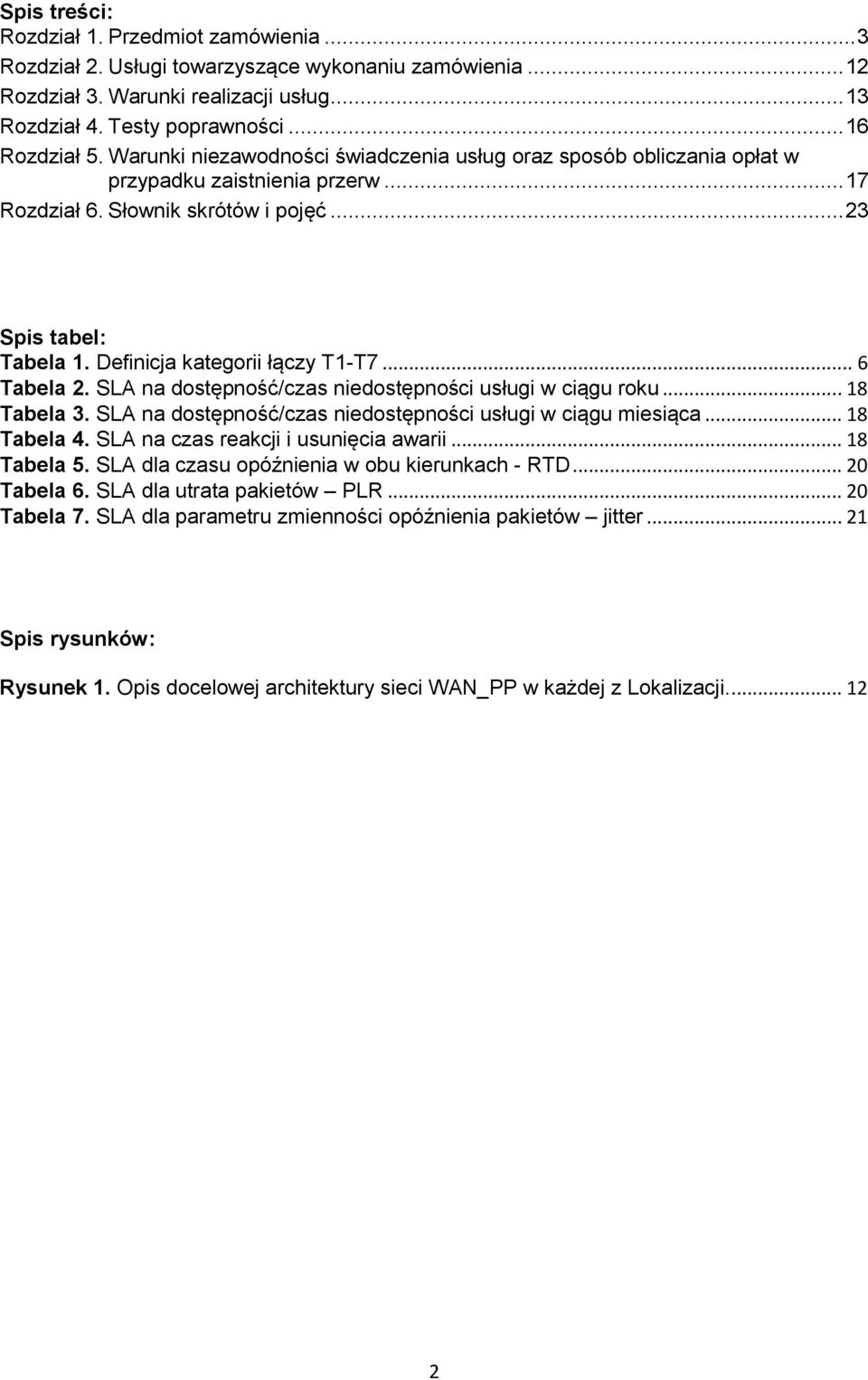 Definicja kategorii łączy T1-T7... 6 Tabela 2. SLA na dostępność/czas niedostępności usługi w ciągu roku... 18 Tabela 3. SLA na dostępność/czas niedostępności usługi w ciągu miesiąca... 18 Tabela 4.