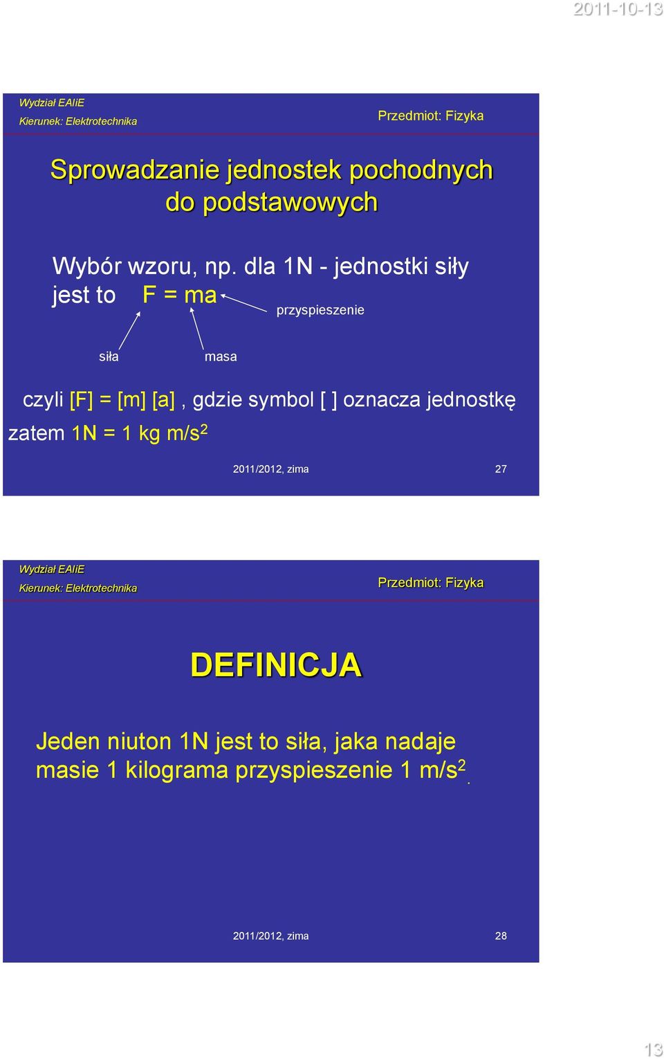 gdzie symbol [ ] oznacza jednostkę zatem 1N = 1 kg m/s 2 2011/2012, zima 27 DEFINICJA