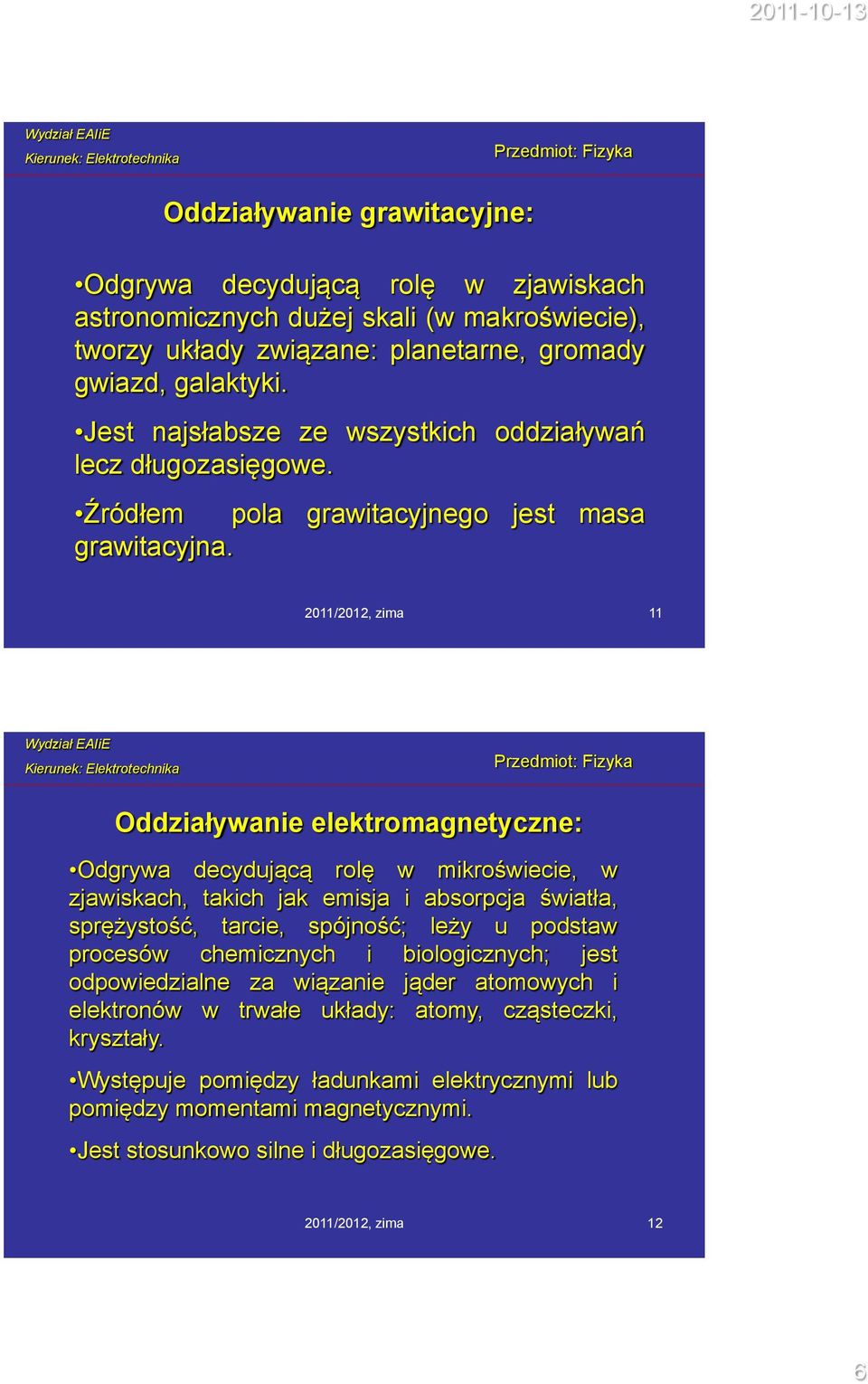 2011/2012, zima 11 Oddziaływanie elektromagnetyczne: Odgrywa decydującą rolę w mikroświecie, w zjawiskach, takich jak emisja i absorpcja światła, sprężystość, tarcie, spójność; leży u podstaw