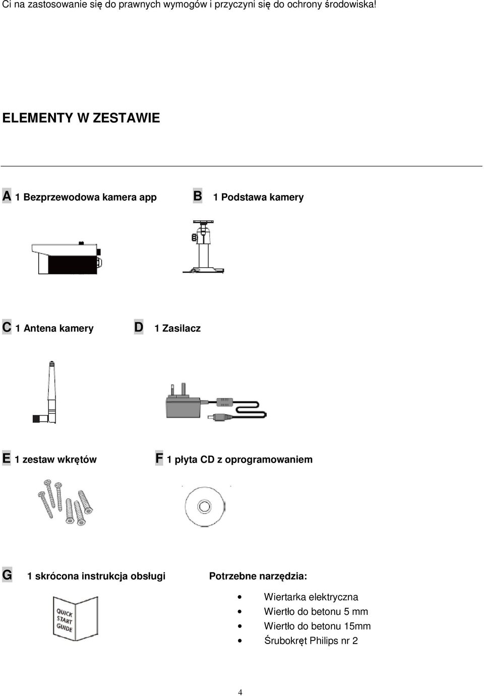 Zasilacz E 1 zestaw wkrętów F 1 płyta CD z oprogramowaniem G 1 skrócona instrukcja obsługi