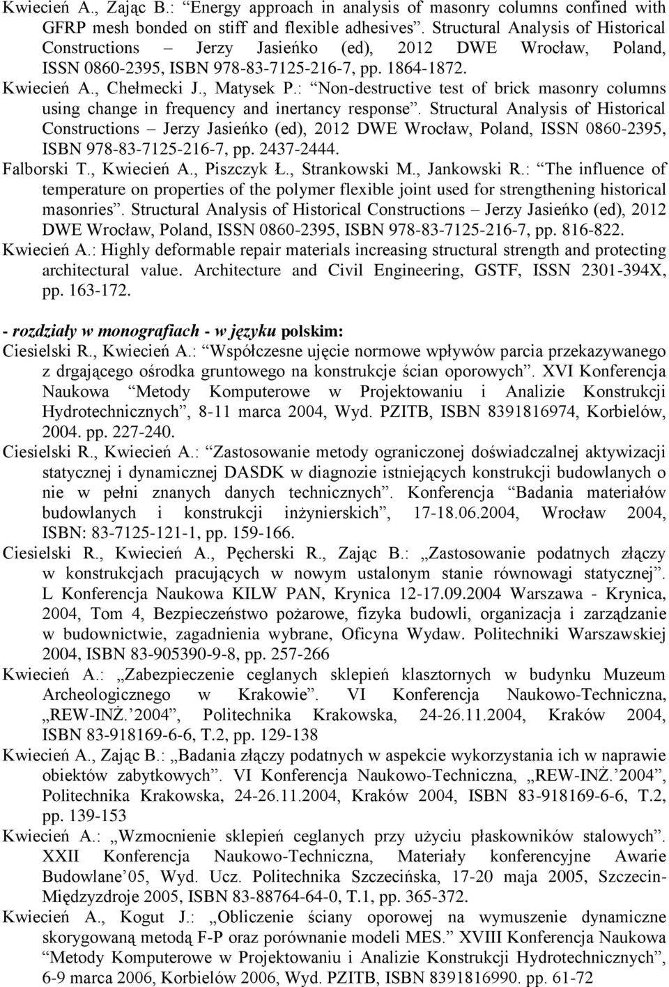 : Non-destructive test of brick masonry columns using change in frequency and inertancy response.