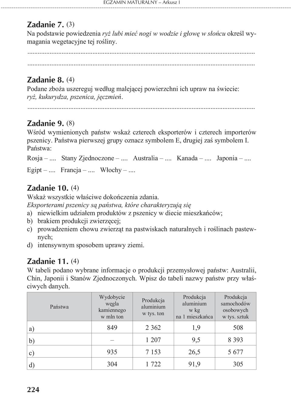 (8) Wœród wymienionych pañstw wska czterech eksporterów i czterech importerów pszenicy. Pañstwa pierwszej grupy oznacz symbolem E, drugiej zaœ symbolem I. Pañstwa: Rosja... Stany Zjednoczone.