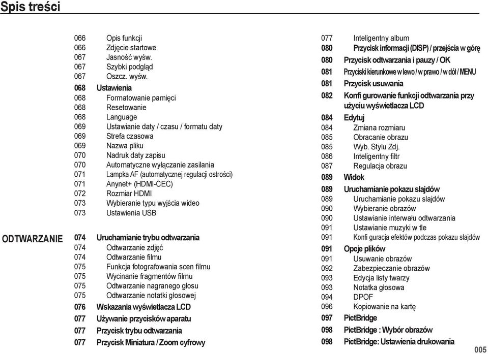 068 Ustawienia 068 Formatowanie pami ci 068 Resetowanie 068 Language 069 Ustawianie daty / czasu / formatu daty 069 Strefa czasowa 069 Nazwa pliku 070 Nadruk daty zapisu 070 Automatyczne wy czanie