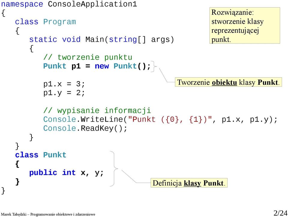 // wpisanie informacji Console.WriteLine(" (0, 1)", p1., p1.); Console.