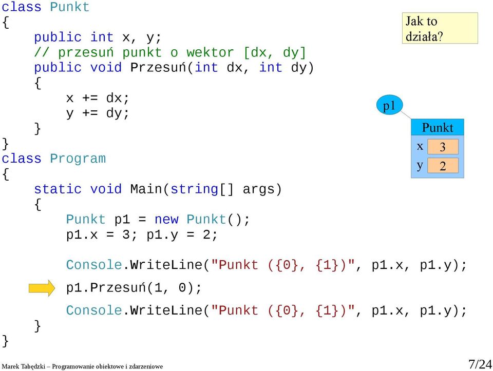 WriteLine(" (0, 1)", p1., p1.); p1.przesuń(1, 0); Console.