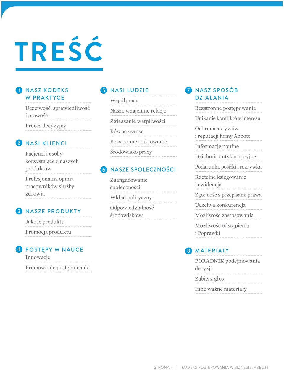 Zaangażowanie społeczności Wkład polityczny Odpowiedzialność środowiskowa 7 NASZ SPOSÓB DZIAŁANIA Bezstronne postępowanie Unikanie konfliktów interesu Ochrona aktywów i reputacji firmy Abbott