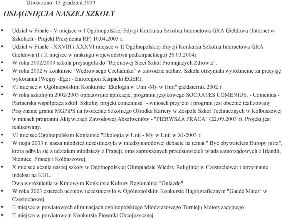 W roku 2002/2003 szkoła przystąpiła do "Rejonowej Sieci Szkół Promujących Zdrowie". W roku 2002 w konkursie "Wędrownego Czeladnika" w zawodzie stolarz.