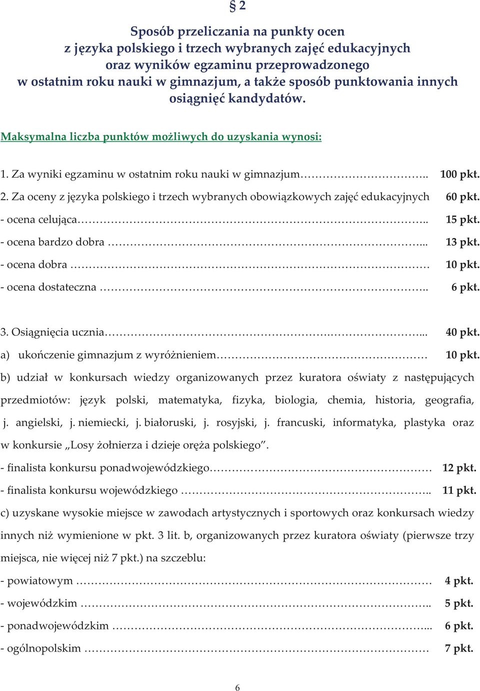 Za oceny z języka polskiego i trzech wybranych obowiązkowych zajęć edukacyjnych 60 pkt. - ocena celująca.. 15 pkt. - ocena bardzo dobra... 13 pkt. - ocena dobra. 10 pkt. - ocena dostateczna.. 6 pkt.