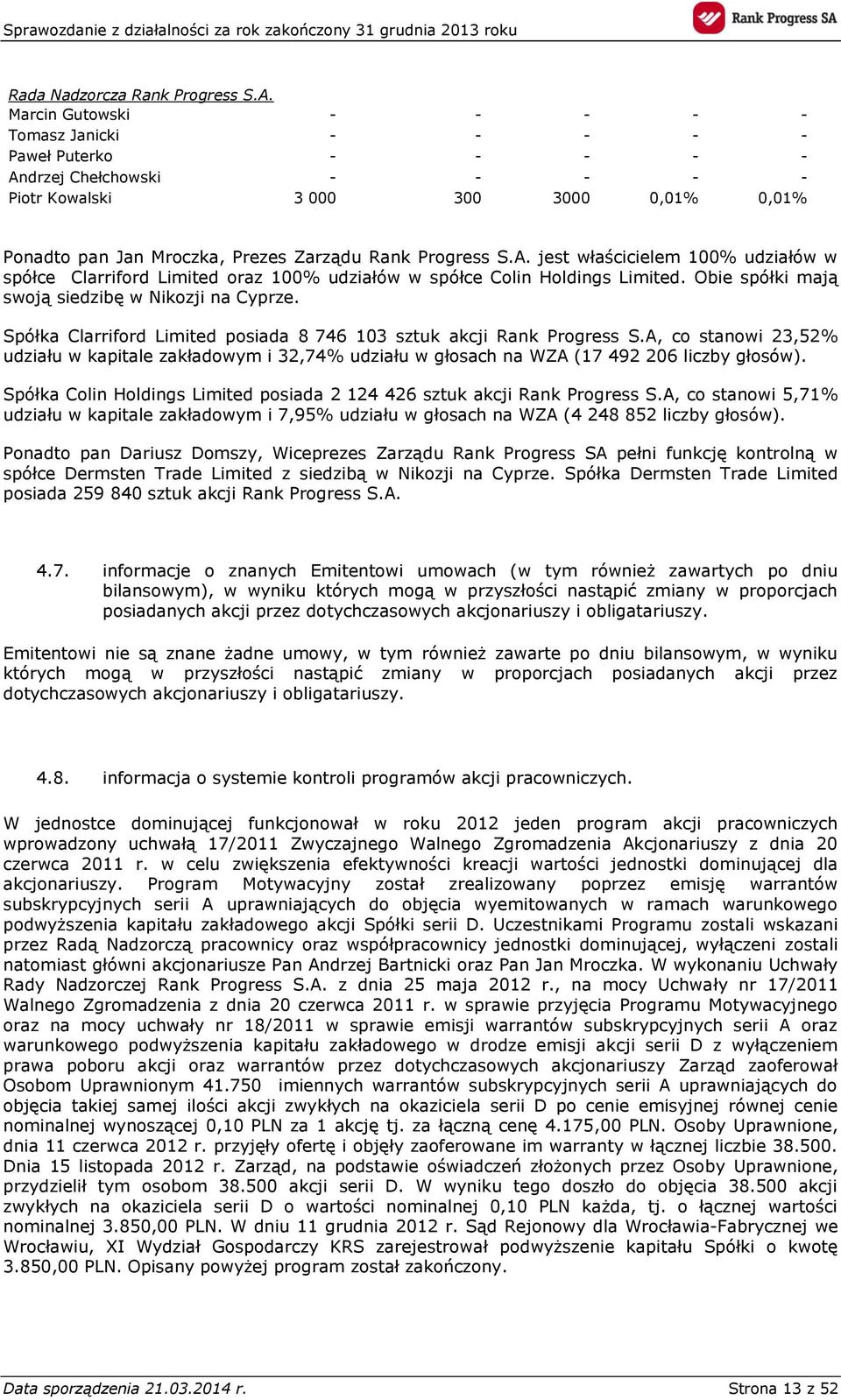 Progress S.A. jest właścicielem w spółce Clarriford Limited oraz w spółce Colin Holdings Limited. Obie spółki mają swoją siedzibę w Nikozji na Cyprze.