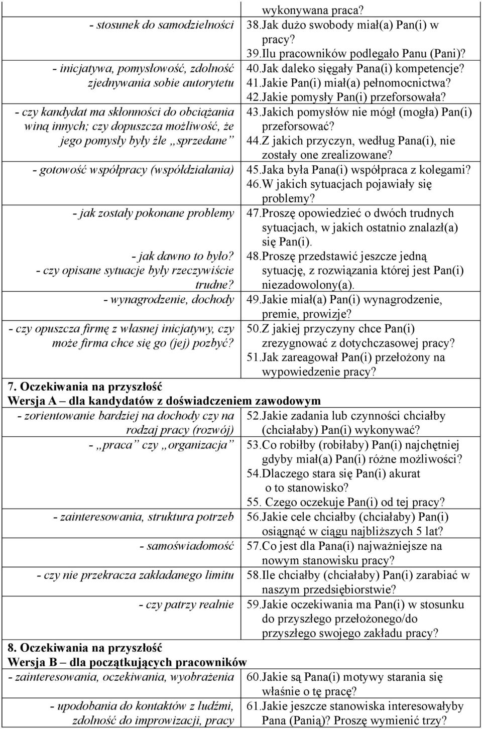 Jak daleko sięgały Pana(i) kompetencje? 41.Jakie Pan(i) miał(a) pełnomocnictwa? 42.Jakie pomysły Pan(i) przeforsowała? 43.Jakich pomysłów nie mógł (mogła) Pan(i) przeforsować? 44.