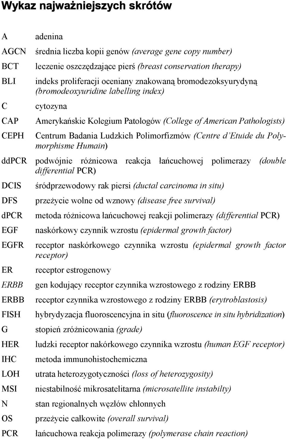 d'etuide du Poly morphisme Humain) ddpcr podwójnie różnicowa reakcja łańcuchowej polimerazy (double differential PCR) DCIS DFS dpcr EGF EGFR ER ERBB śródprzewodowy rak piersi (ductal carcinoma in