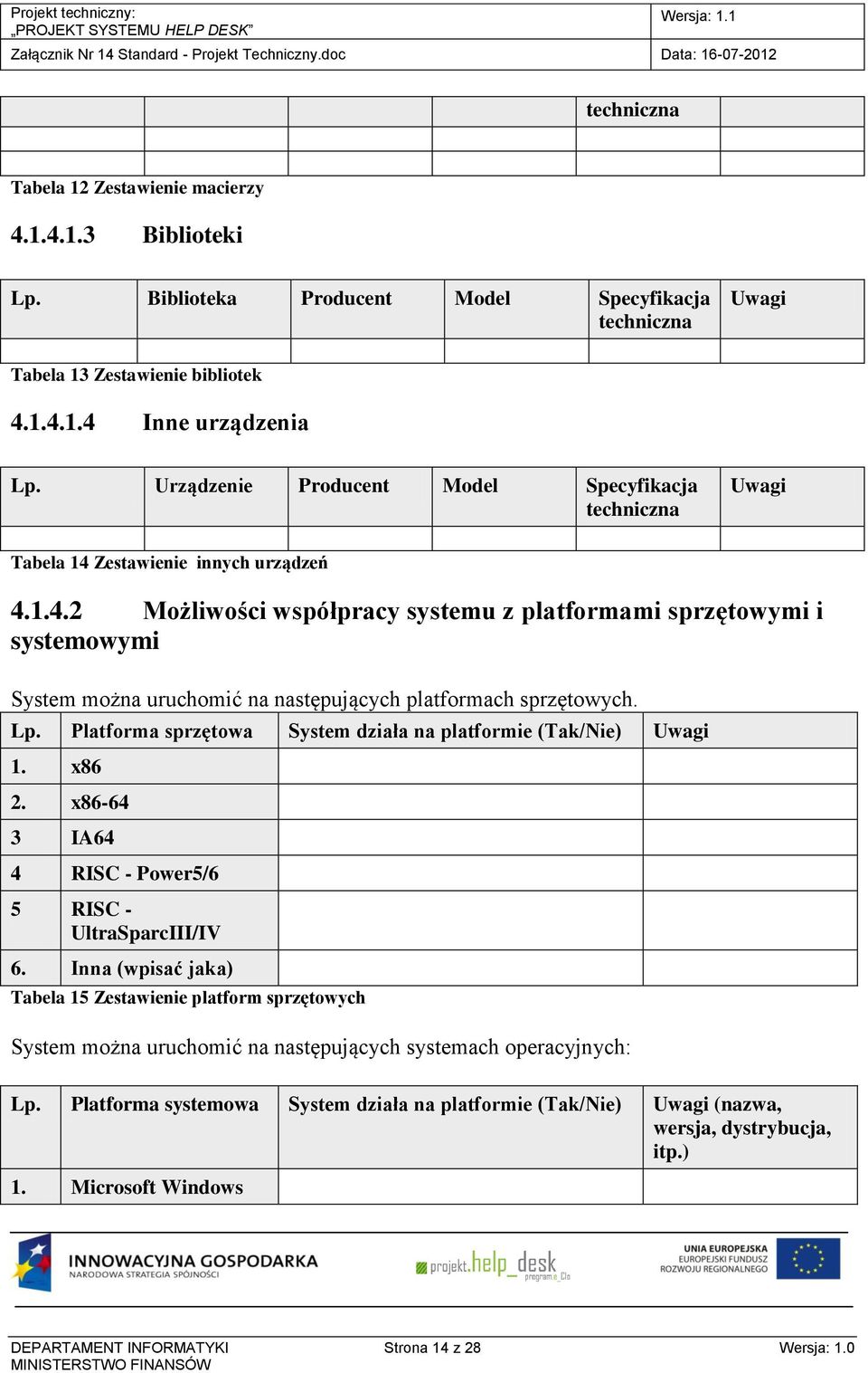 Zestawienie innych urządzeń 4.1.4.2 Możliwości współpracy systemu z platformami sprzętowymi i systemowymi System można uruchomić na następujących platformach sprzętowych. Lp.