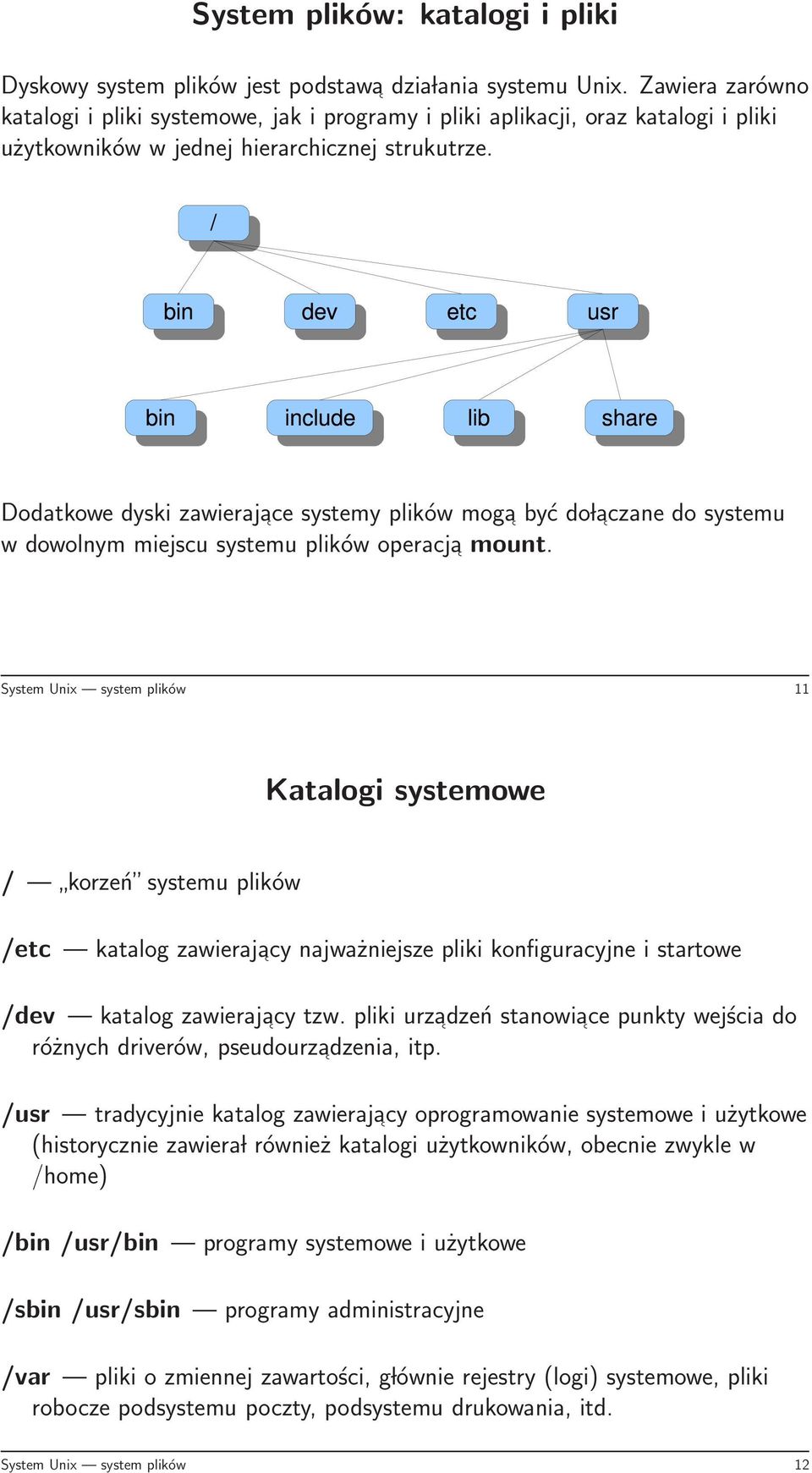 Dodatkowe dyski zawierajace systemy plików moga być do laczane do systemu w dowolnym miejscu systemu plików operacja mount.
