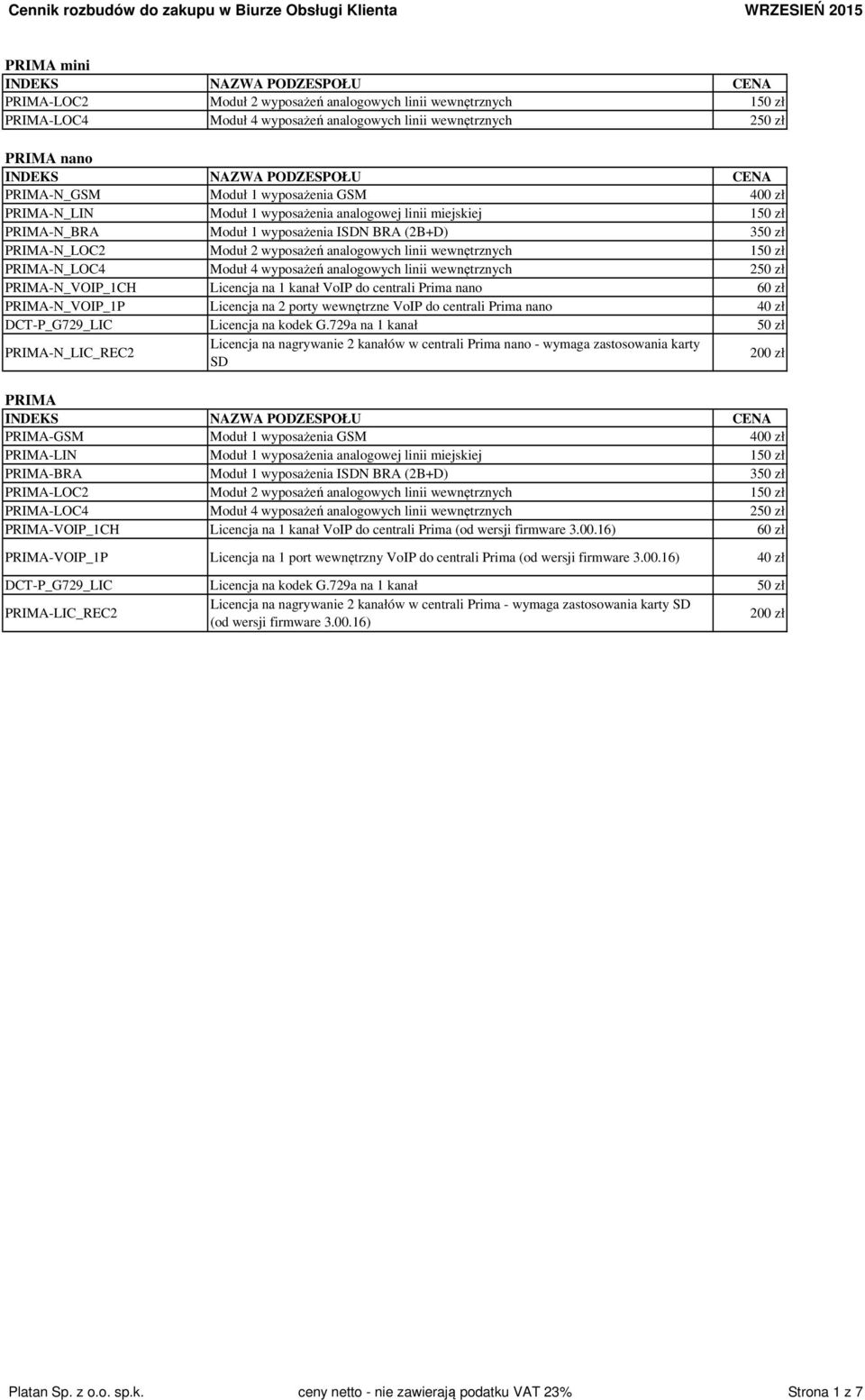 PRIMA-N_LOC4 Moduł 4 wyposażeń analogowych linii wewnętrznych 250 zł PRIMA-N_VOIP_1CH Licencja na 1 kanał VoIP do centrali Prima nano 60 zł PRIMA-N_VOIP_1P Licencja na 2 porty wewnętrzne VoIP do