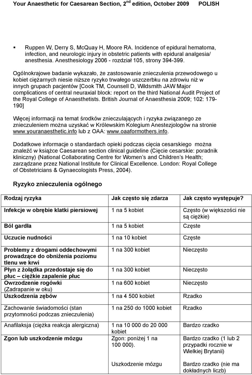 Ogólnokrajowe badanie wykazało, że zastosowanie znieczulenia przewodowego u kobiet ciężarnych niesie niższe ryzyko trwałego uszczerbku na zdrowiu niż w innych grupach pacjentów [Cook TM, Counsell D,