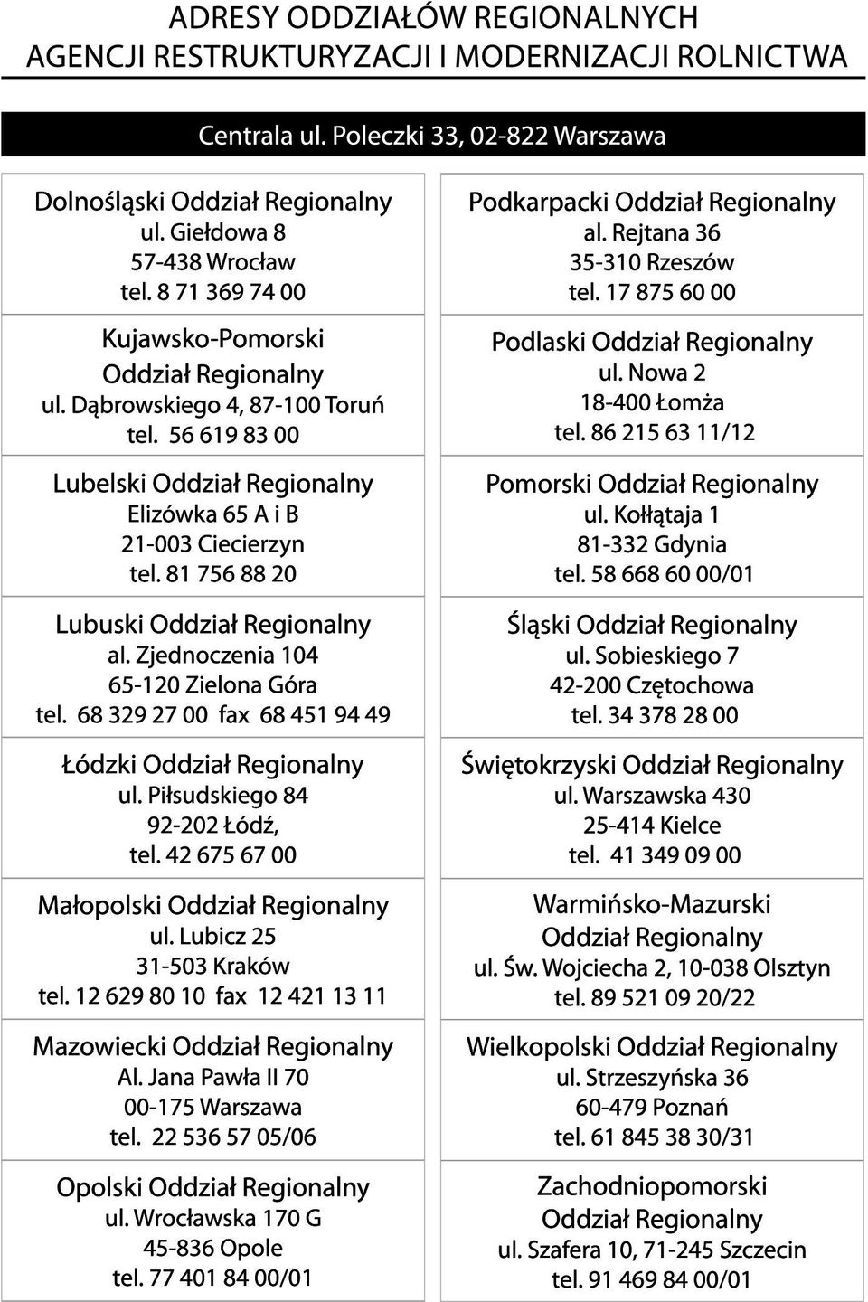 68 329 27 00 fax 68 451 94 49 Łódzki Oddział Regionalny ul. Piłsudskiego 84 92-202 Łódź, tel. 42 675 67 00 Małopolski Oddział Regionalny ul. Lubicz 25 31-503 Kraków tel.