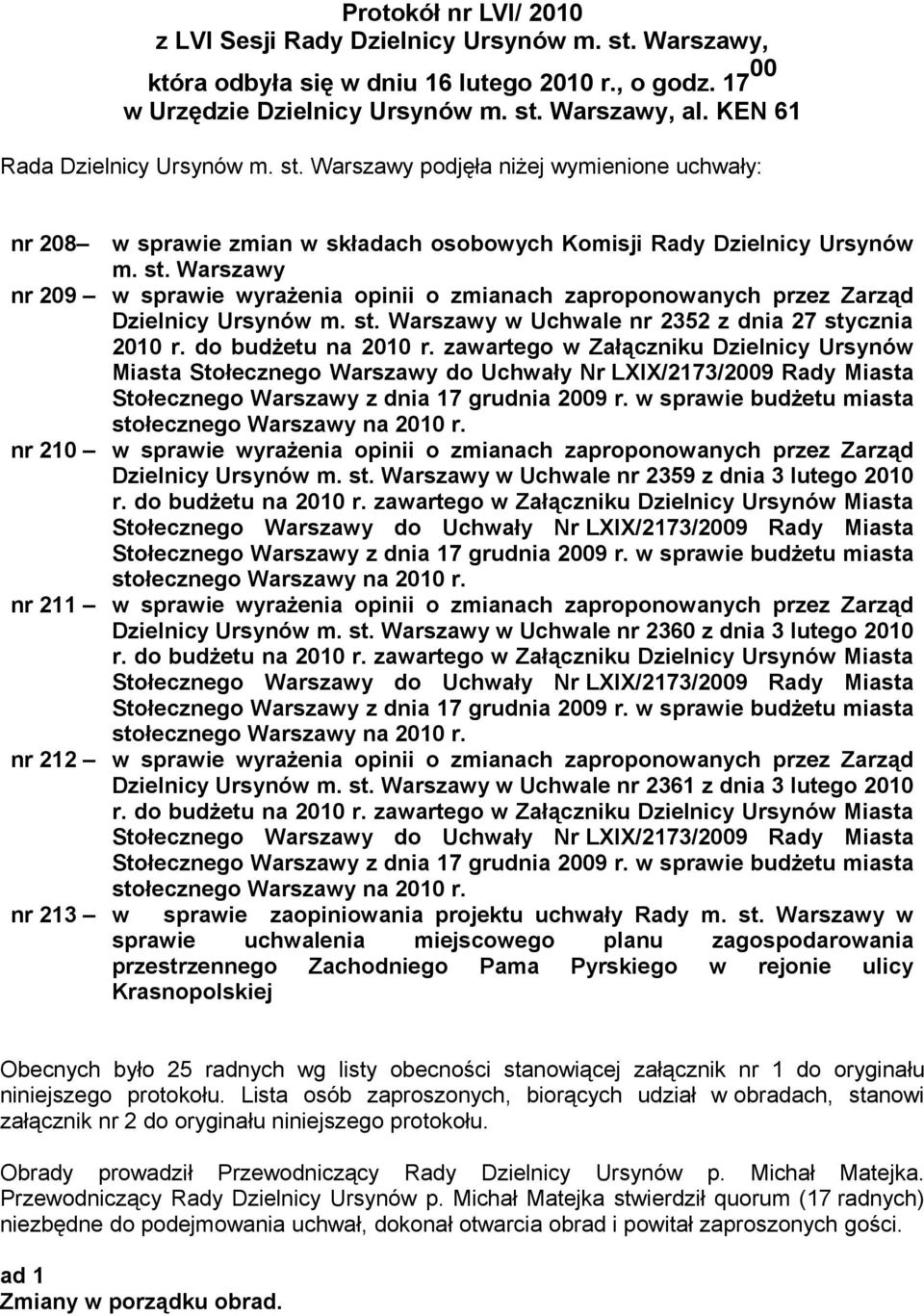 st. Warszawy w Uchwale nr 2352 z dnia 27 stycznia 2010 r. do budżetu na 2010 r.