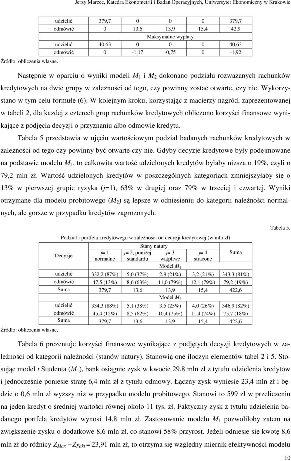 rozważanych rachunków kredytowych na dwie grupy w zależności od tego, czy powinny zostać otwarte, czy nie. Wykorzystano w tym celu formułę (6).