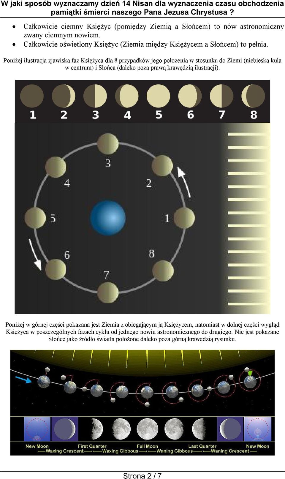 Poniżej ilustracja zjawiska faz Księżyca dla 8 przypadków jego położenia w stosunku do Ziemi (niebieska kula w centrum) i Słońca (daleko poza prawą krawędzią