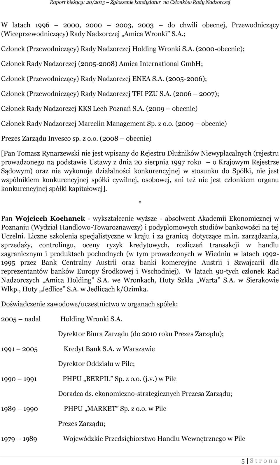 A. (2005-2006); Członek (Przewodniczący) Rady Nadzorczej TFI PZU S.A. (2006 2007); Członek Rady Nadzorczej KKS Lech Poznań S.A. (2009 obecnie) Członek Rady Nadzorczej Marcelin Management Sp. z o.o. (2009 obecnie) Prezes Zarządu Invesco sp.