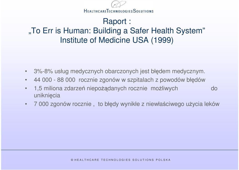 44 000-88 000 rocznie zgonów w szpitalach z powodów błędów 1,5 miliona zdarzeń