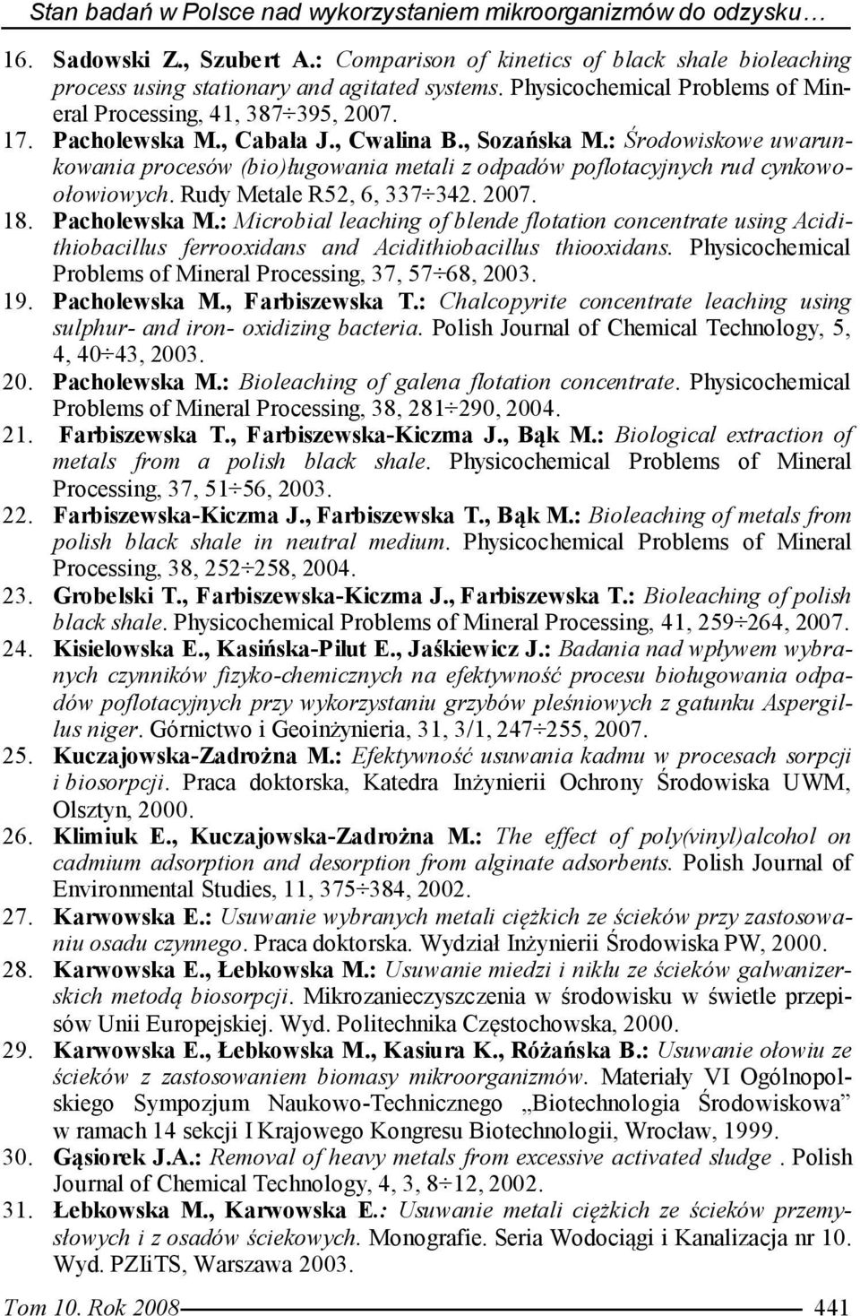 : Środowiskowe uwarunkowania procesów (bio)ługowania metali z odpadów poflotacyjnych rud cynkowoołowiowych. Rudy Metale R52, 6, 337 342. 2007. 18. Pacholewska M.