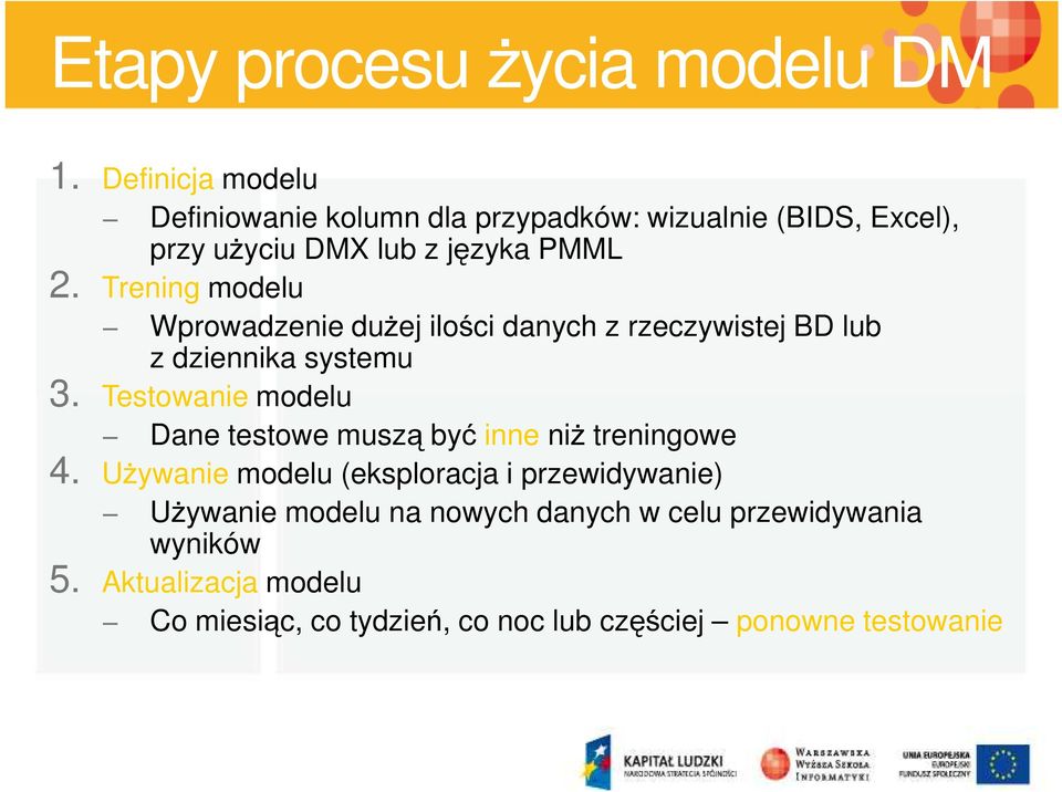 Trening modelu Wprowadzenie dużej ilości danych z rzeczywistej BD lub z dziennika systemu 3.