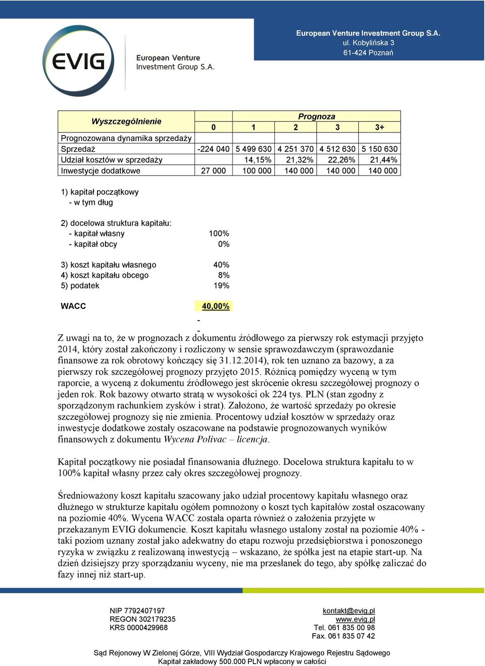 kapitału obcego 8% 5) podatek 19% WACC 40,00% Z uwagi na to, że w prognozach z dokumentu źródłowego za pierwszy rok estymacji przyjęto 2014, który został zakończony i rozliczony w sensie