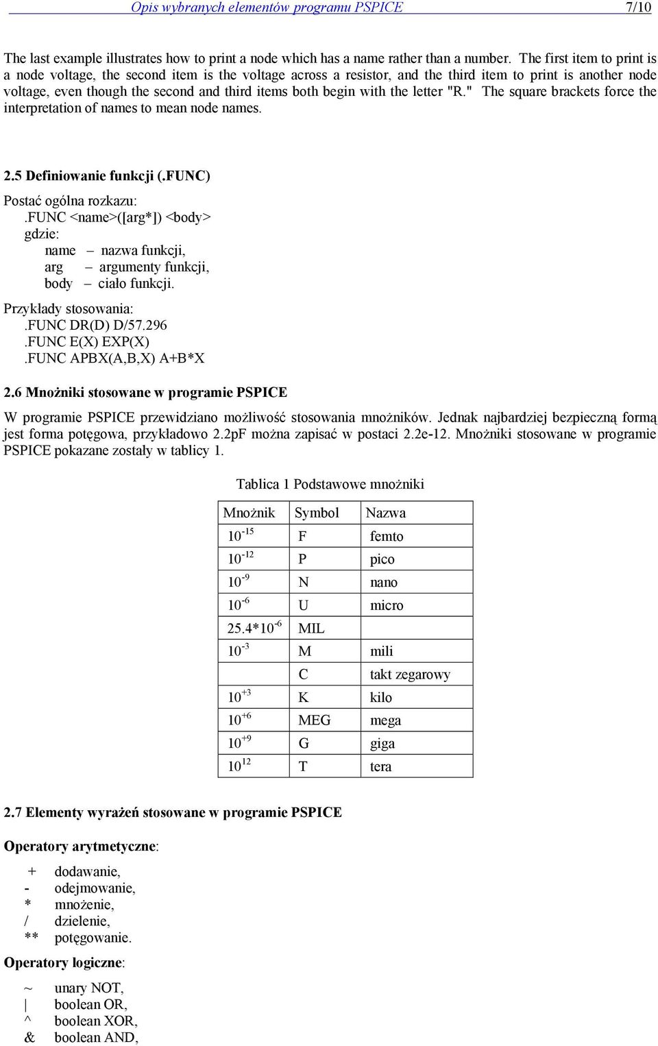 with the letter "R." The square brackets force the interpretation of names to mean node names. 2.5 Definiowanie funkcji (.FUNC) Postać ogólna rozkazu:.