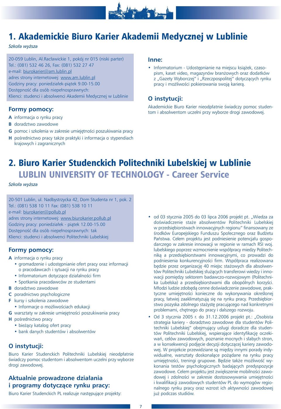 00 Dost pnoêç dla osób niepe nosprawnych: Klienci: studenci i absolwenci Akademii Medycznej w Lublinie B doradztwo zawodowe G pomoc i szkolenia w zakresie umiej tnoêci poszukiwania pracy H