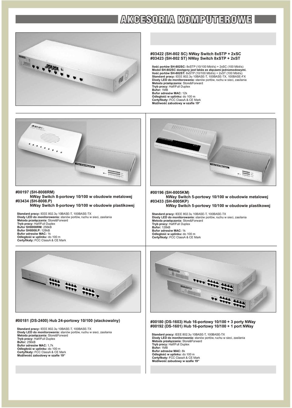 3u 10BASE-T, 100BASE-TX, 100BASE-FX Diody LED do monitorowania: stanów portów, ruchu w sieci, zasilania Metoda prze³¹czania: Store&Forward Bufor: 1MB Bufor adresów MAC: 12k Odleg³oœæ w uplinku: do