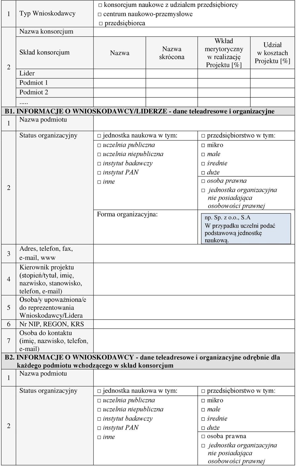 INFORMACJE O WNIOSKODAWCY/LIDERZE - dane teleadresowe i organizacyjne 1 Nazwa podmiotu Status organizacyjny jednostka naukowa w tym: przedsiębiorstwo w tym: uczelnia publiczna uczelnia niepubliczna