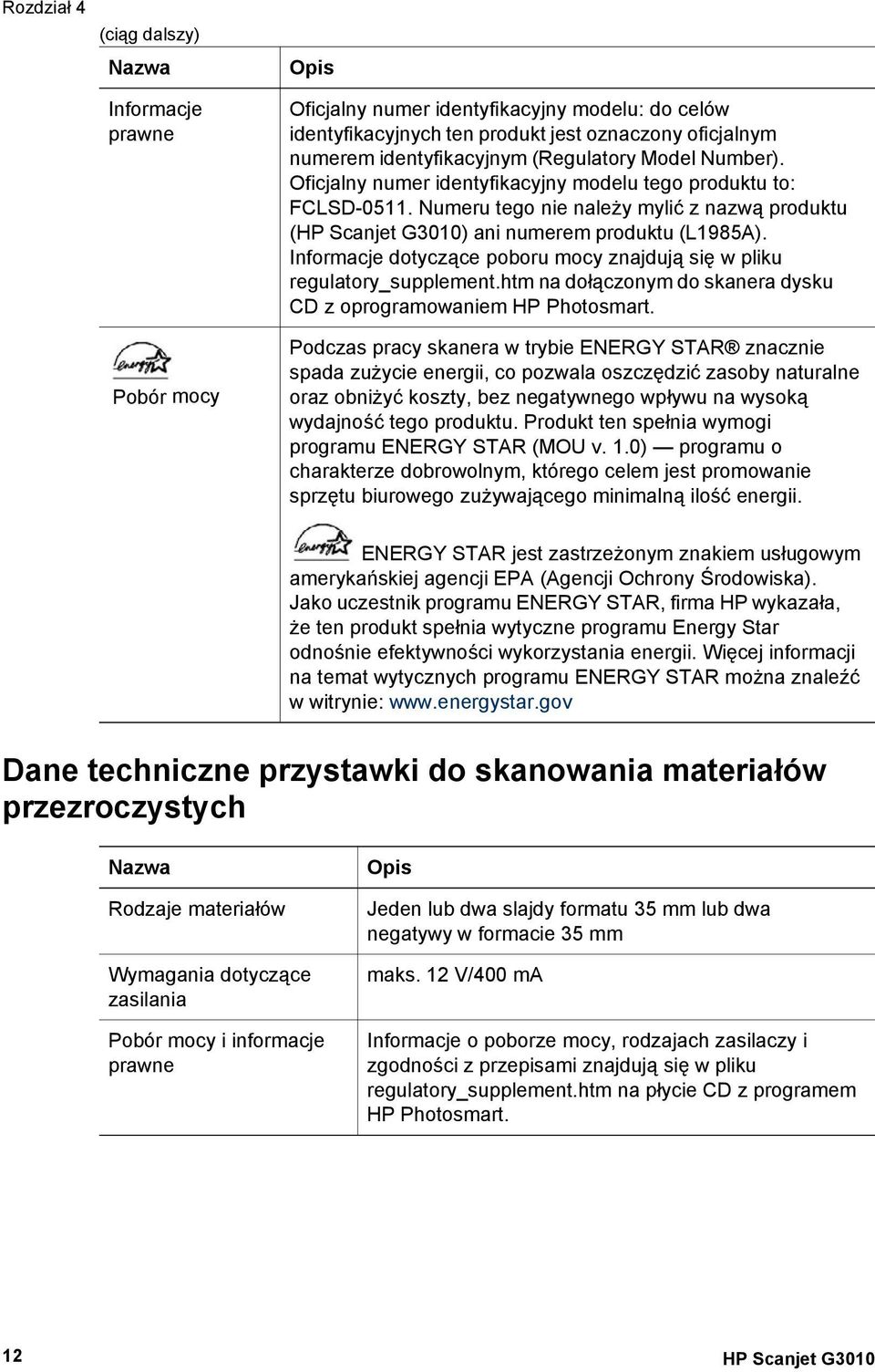 Informacje dotyczące poboru mocy znajdują się w pliku regulatory_supplement.htm na dołączonym do skanera dysku CD z oprogramowaniem HP Photosmart.