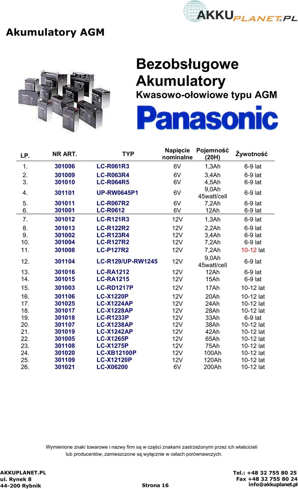 301012 LC-R121R3 12V 1,3Ah 6-9 lat 8. 301013 LC-R122R2 12V 2,2Ah 6-9 lat 9. 301002 LC-R123R4 12V 3,4Ah 6-9 lat 10. 301004 LC-R127R2 12V 7,2Ah 6-9 lat 11. 301008 LC-P127R2 12V 7,2Ah 10-12 lat 12.