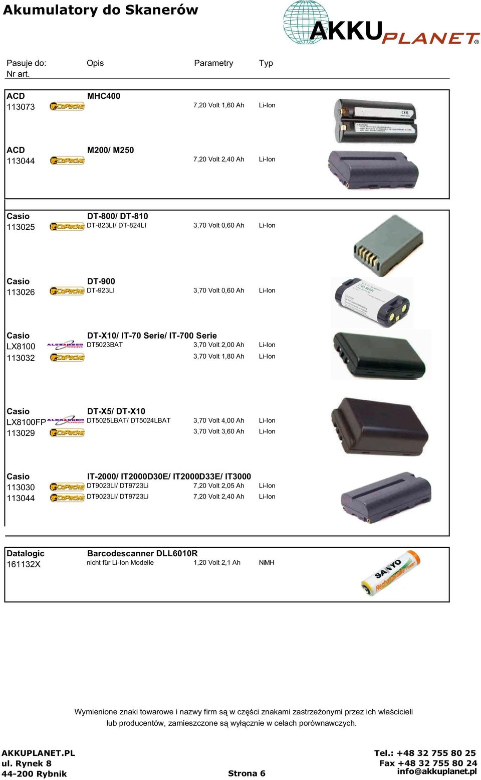 1,80 Ah Li-Ion Casio DT-X5/ DT-X10 LX8100FP DT5025LBAT/ DT5024LBAT 3,70 Volt 4,00 Ah Li-Ion 113029 3,70 Volt 3,60 Ah Li-Ion Casio IT-2000/ IT2000D30E/ IT2000D33E/ IT3000 113030 DT9023LI/