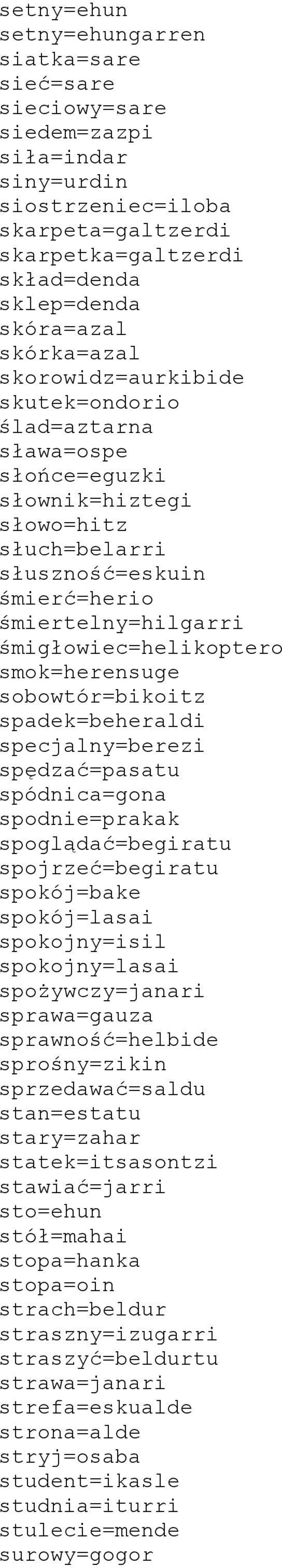 smok=herensuge sobowtór=bikoitz spadek=beheraldi specjalny=berezi spędzać=pasatu spódnica=gona spodnie=prakak spoglądać=begiratu spojrzeć=begiratu spokój=bake spokój=lasai spokojny=isil