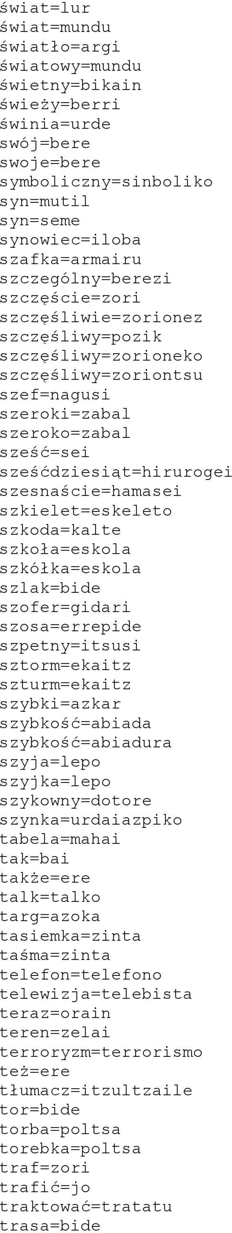 szkielet=eskeleto szkoda=kalte szkoła=eskola szkółka=eskola szlak=bide szofer=gidari szosa=errepide szpetny=itsusi sztorm=ekaitz szturm=ekaitz szybki=azkar szybkość=abiada szybkość=abiadura