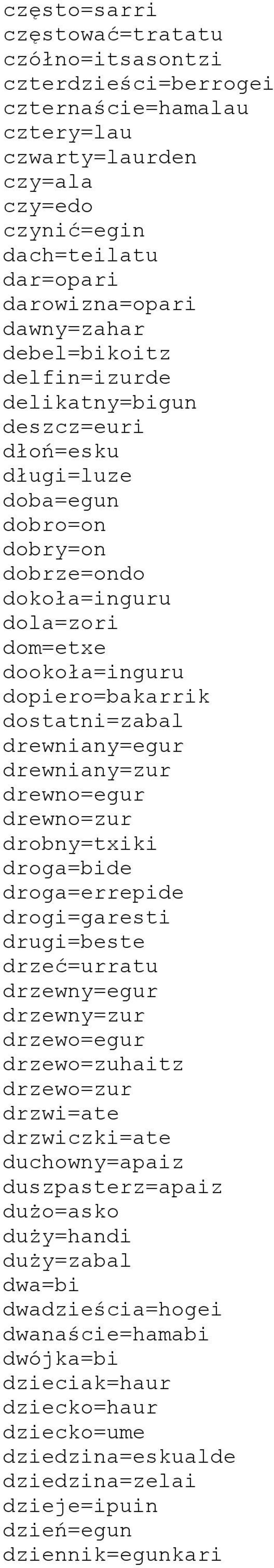 drewniany=egur drewniany=zur drewno=egur drewno=zur drobny=txiki droga=bide droga=errepide drogi=garesti drugi=beste drzeć=urratu drzewny=egur drzewny=zur drzewo=egur drzewo=zuhaitz drzewo=zur