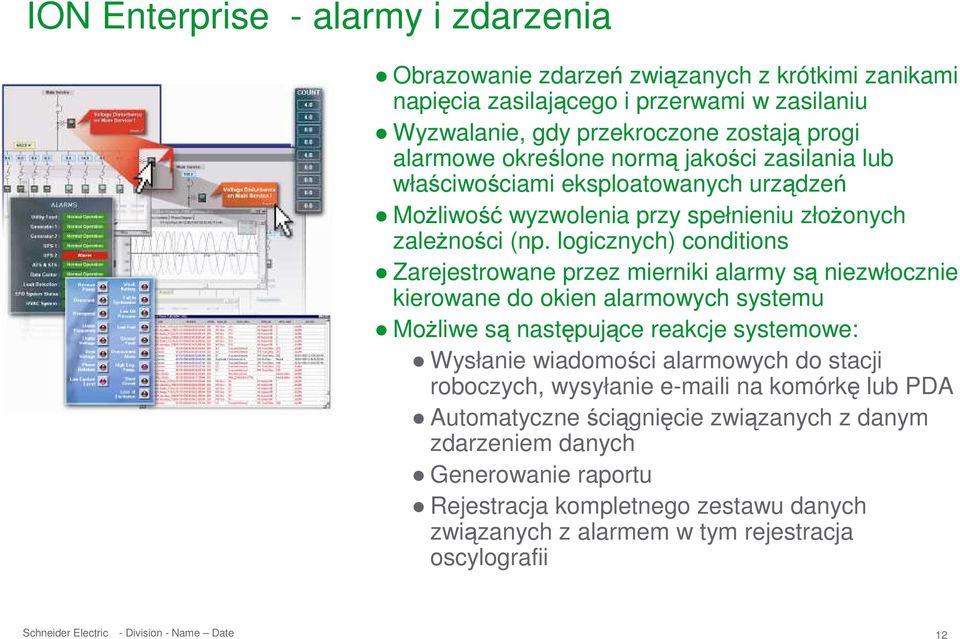 logicznych) conditions Zarejestrowane przez mierniki alarmy są niezwłocznie kierowane do okien alarmowych systemu MoŜliwe są następujące reakcje systemowe: Wysłanie wiadomości alarmowych