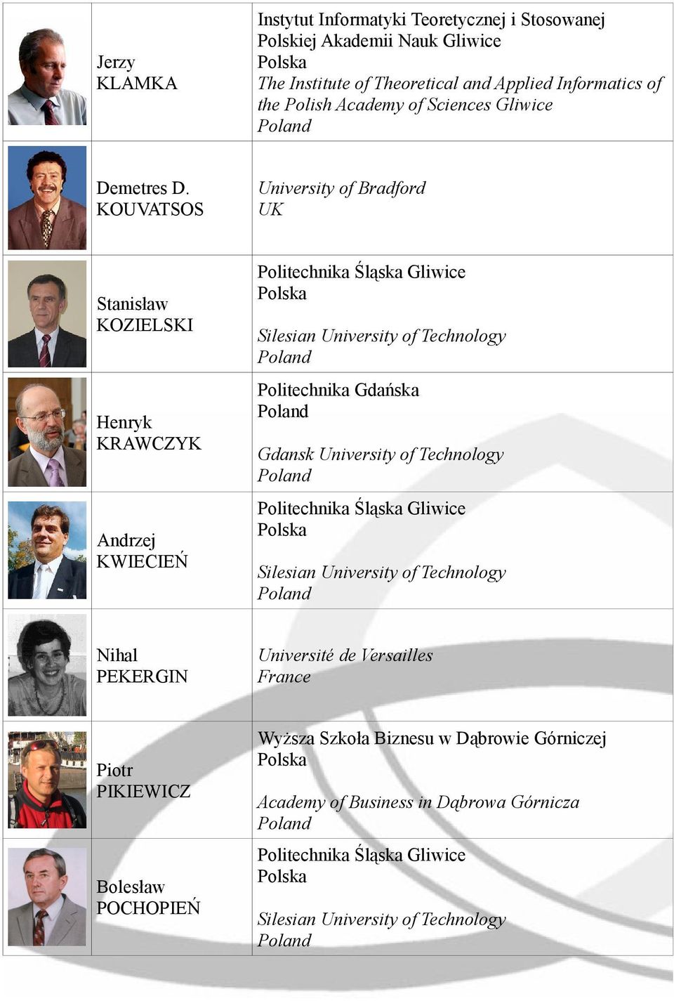 KOUVATSOS University of Bradford UK Stanisław KOZIELSKI Henryk KRAWCZYK Andrzej KWIECIEŃ Nihal PEKERGIN Piotr PIKIEWICZ Bolesław POCHOPIEŃ Politechnika Śląska Gliwice Polska