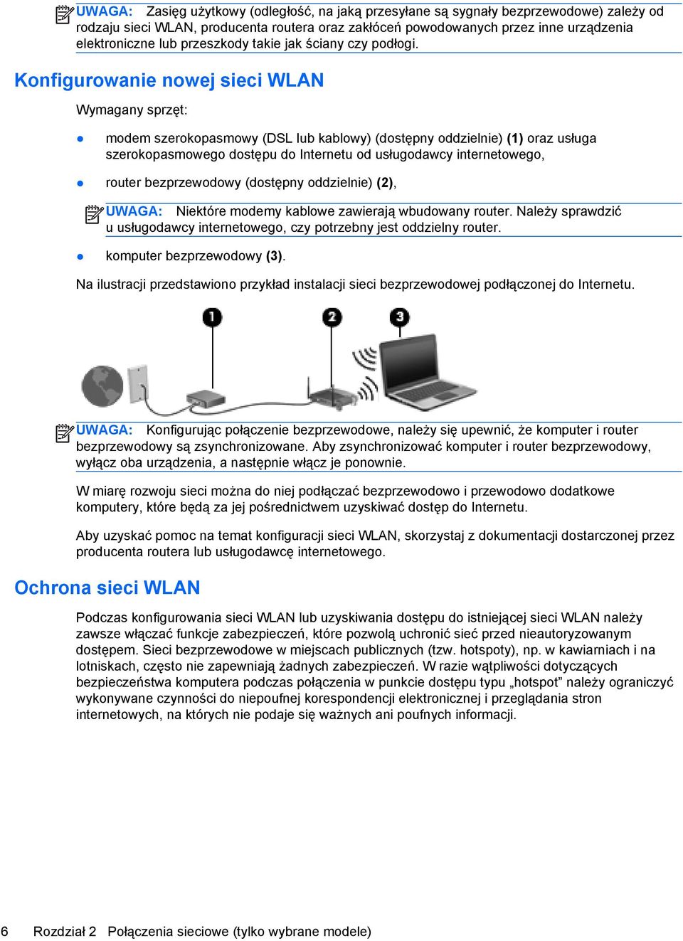 Konfigurowanie nowej sieci WLAN Wymagany sprzęt: modem szerokopasmowy (DSL lub kablowy) (dostępny oddzielnie) (1) oraz usługa szerokopasmowego dostępu do Internetu od usługodawcy internetowego,