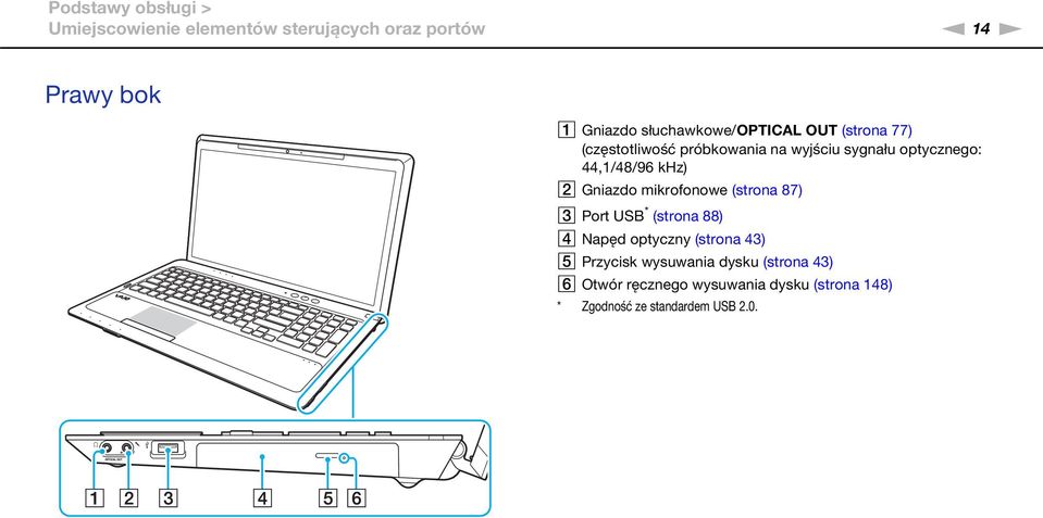 44,1/48/96 khz) B Gniazdo mikrofonowe (strona 87) C Port USB * (strona 88) D apęd optyczny (strona