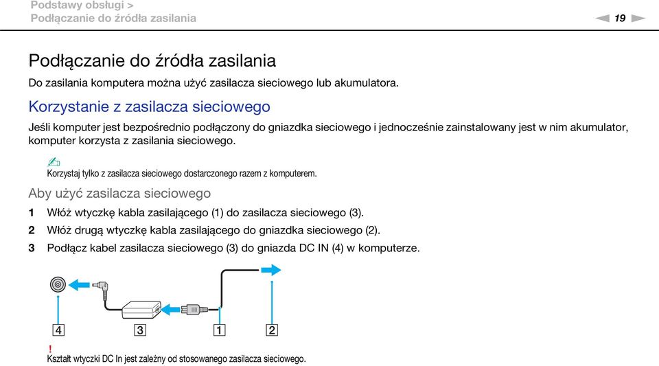 sieciowego. Korzystaj tylko z zasilacza sieciowego dostarczonego razem z komputerem. Aby użyć zasilacza sieciowego 1 Włóż wtyczkę kabla zasilającego (1) do zasilacza sieciowego (3).