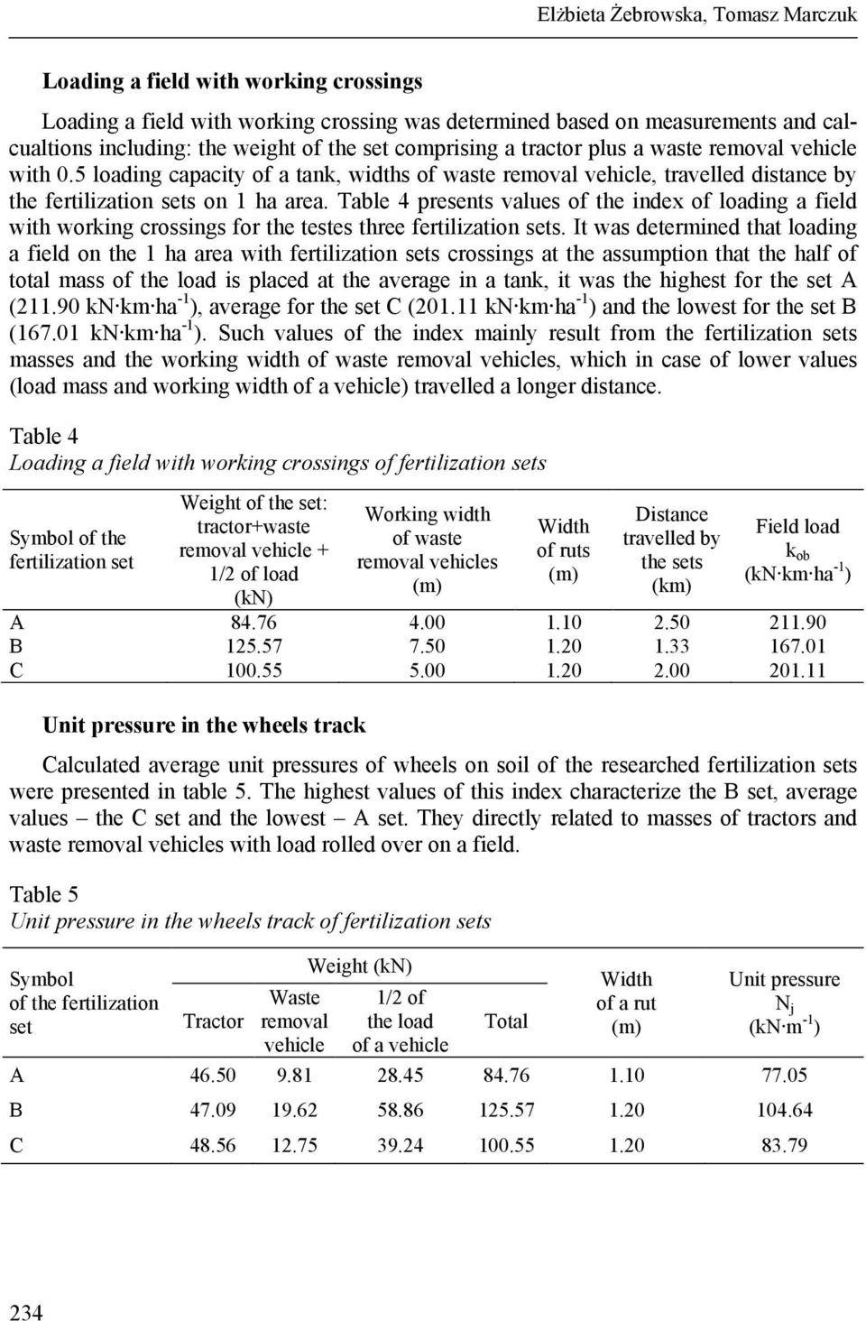 Table 4 presents values the index loading a field with working crossings for the testes three fertilization sets.